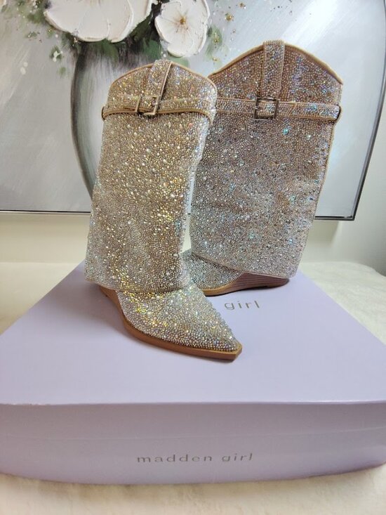 Madden Girl Shoes - Madden Girl Womens Joe Rhinestone Cuffed Wedge Western Dress Boots 7.5
